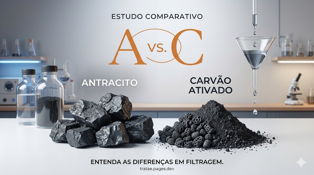 Infográfico comparativo: antracito (filtração mecânica) vs carvão ativado granular (adsorção química)