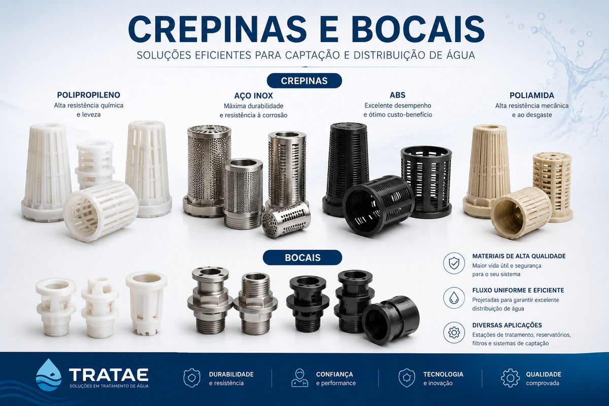 Crepinas e Bocais Filtrantes TRATAE — componentes para distribuição uniforme em filtros de ETAs